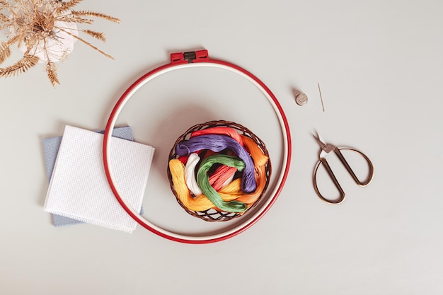 haft na płótnie, zbliżenie igły i nici